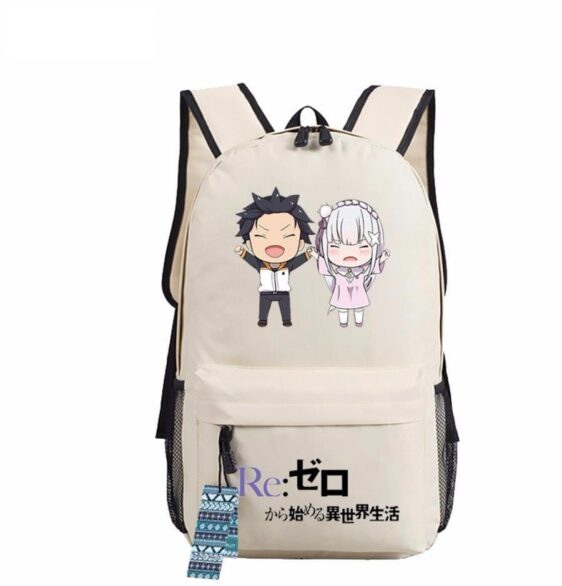 Re Zero Emilia Natsuki Holding Hand Cheers  Romantic Chibi Style Backpack - Konoha Stuff