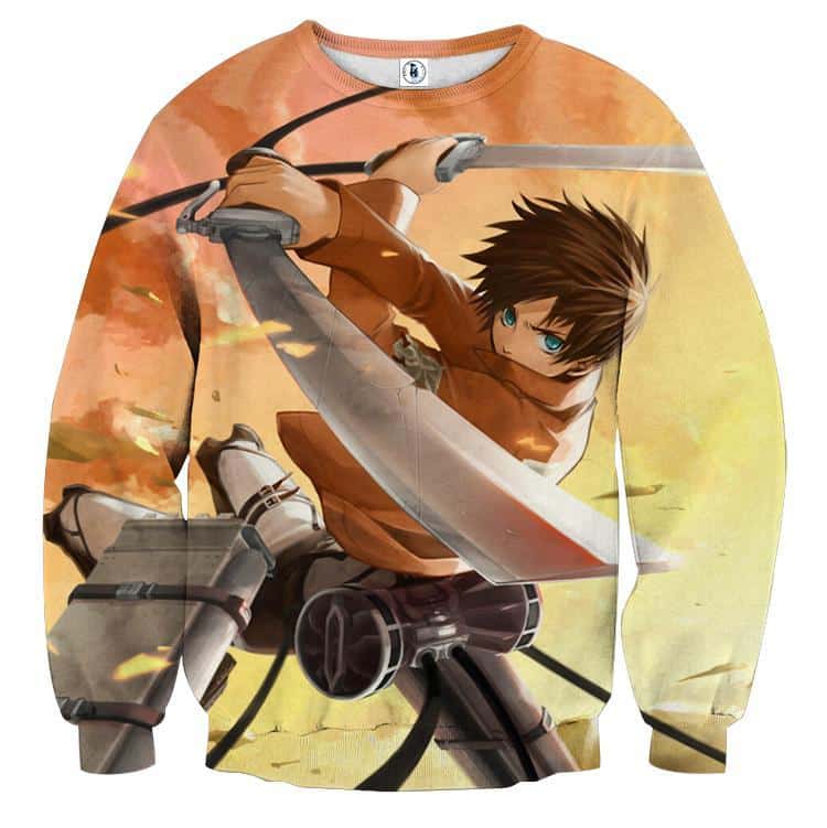 Attack On Titan Eren Wielding Blades Fan Art Swag Print Sweatshirt - Konoha Stuff