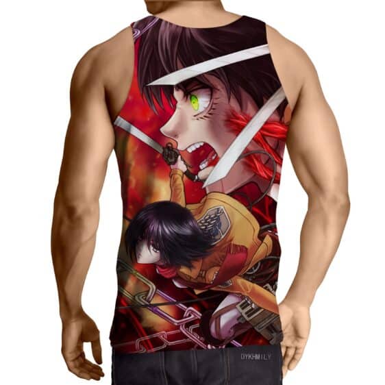 Attack On Titan Eren And Mikasa Fighting Fan Art Print Tank Top - Konoha Stuff