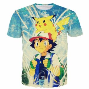 Cute Ash Ketchum Satoshi and Pikachu Pokemon 3D Sky Blue T-Shirt - Konoha Stuff