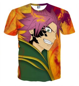 Fairy Tail Natsu Green Armor Purple Hair Orange Flame T-Shirt