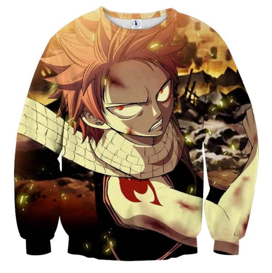 Fairy Tail Scary Natsu Angry Wounded Face Orange Sweatshirt
