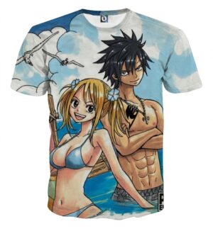Fairy Tail Lucy And Gray Stunning Beach Body Blue T-shirt