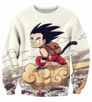 Flying Cute Kid Goku Cloud Nimbus Vintage Beige Sweatshirt - Saiyan Stuff