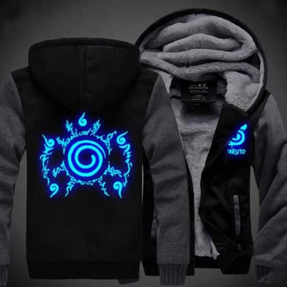 Naruto Cool Top Cursed Seal Blue Luminous Gray Black Hooded Jacket - Konoha Stuff