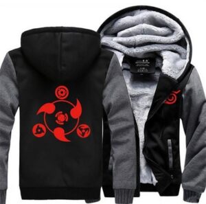 Naruto Uchiha Sharingan Copy Wheel Eye Gray Black Hooded Jacket - Konoha Stuff