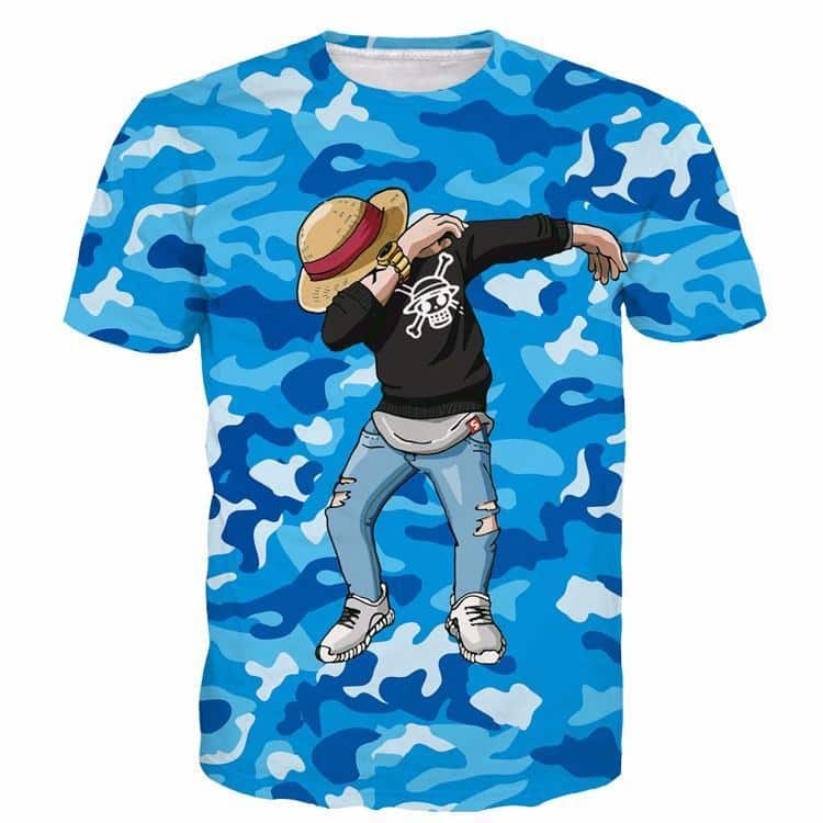 One Piece Monkey D.Luffy Camo Camouflage Dab Dance Blue T-shirt