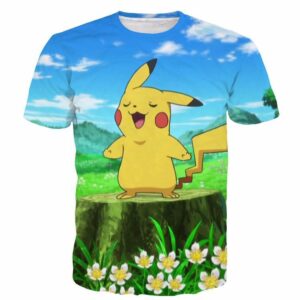 Pokemon GO Pikachu Singing Flowers Blue Sky Windy Field Cute T-shirt - Konoha Stuff - 1