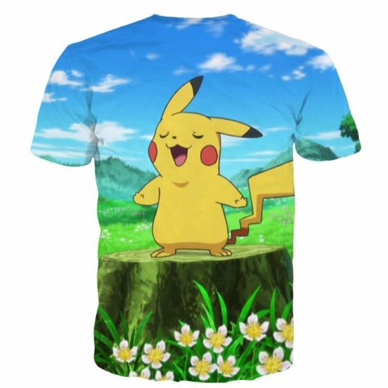 Pokemon GO Pikachu Singing Flowers Blue Sky Windy Field Cute T-shirt - Konoha Stuff - 2