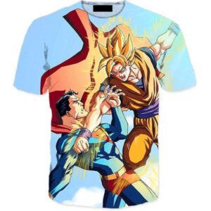 Powerful Fighter Goku Beats Superman 3D Blue T-Shirt - Saiyan Stuff