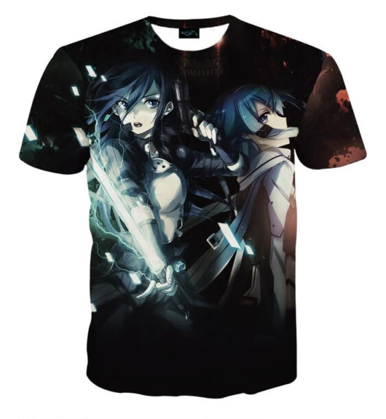 SAO Kirito And Sinon Gun Gale Online Avatar Black T-Shirt
