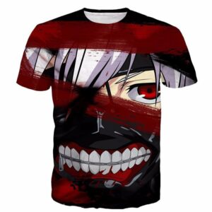 Tokyo Ghoul Ken Kaneki Scary Bloody Face Anime Red 3D T-Shirt - Konoha Stuff - 1