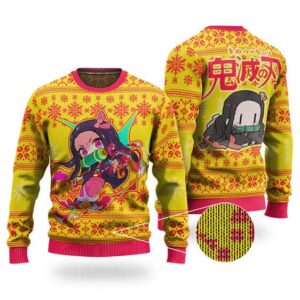Chibi Nezuko Art Yellow Ugly Christmas Sweatshirt